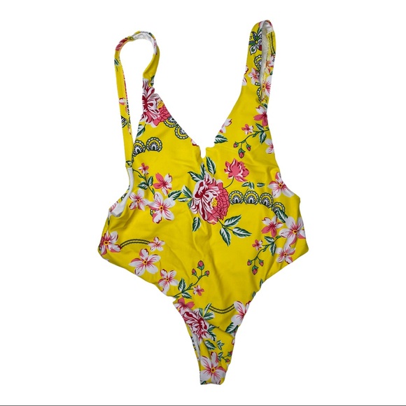 Bathing Suit 🛍️New Yellow Floral One Piece Backless cheeky medium clearance - Picture 2 of 14